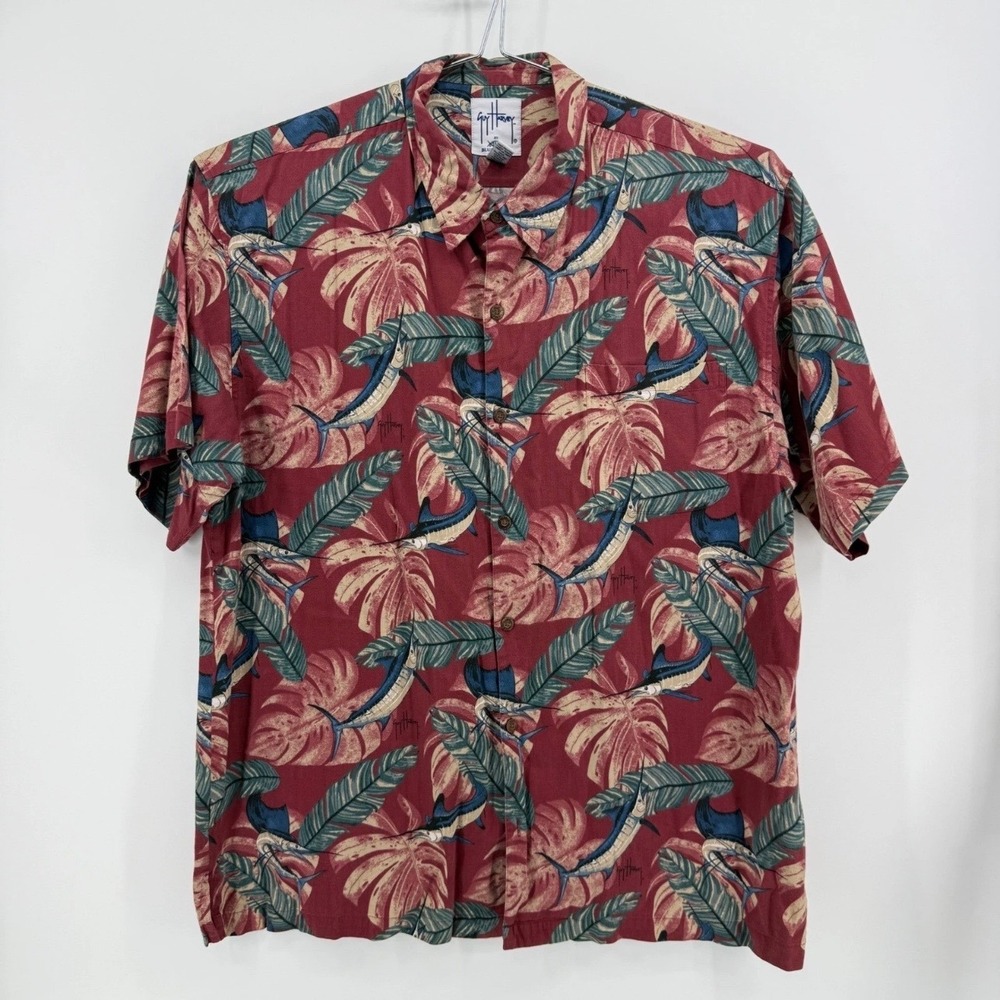 Guy Harvey Button Up Mens 3X Marlin Tropical Print Cotton Rayon Red Fish Shirt